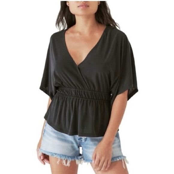 Lucky Brand Black V-Neck Peplum Cinch Waist Blouse Top NWT - Picture 1 of 7